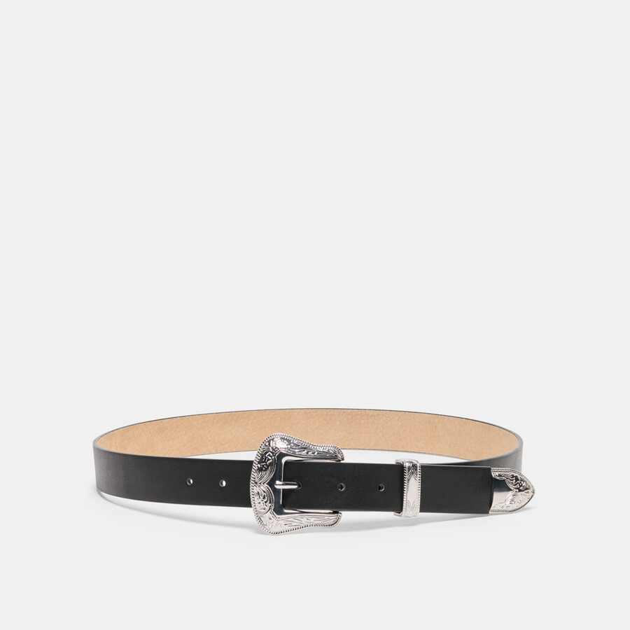 cintura vintage con fibbia western nera e argento