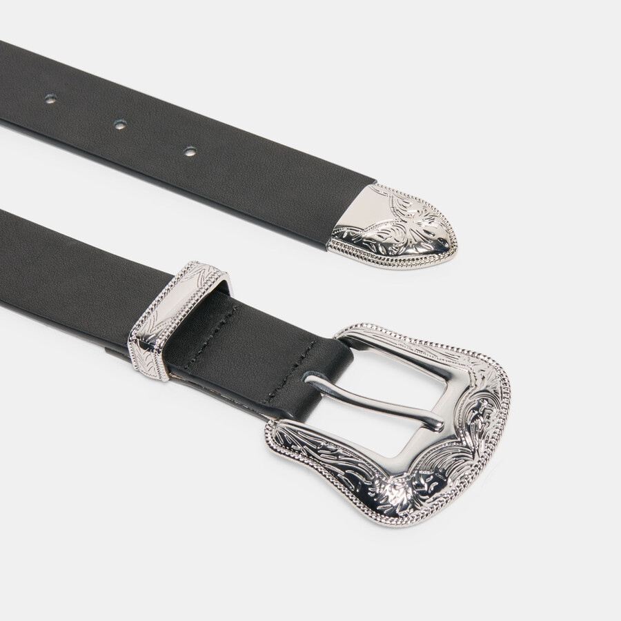 cintura vintage con fibbia western nera e argento