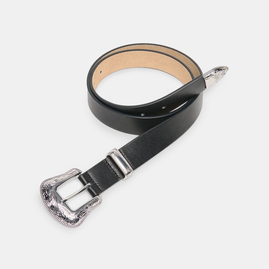 cintura vintage con fibbia western nera e argento