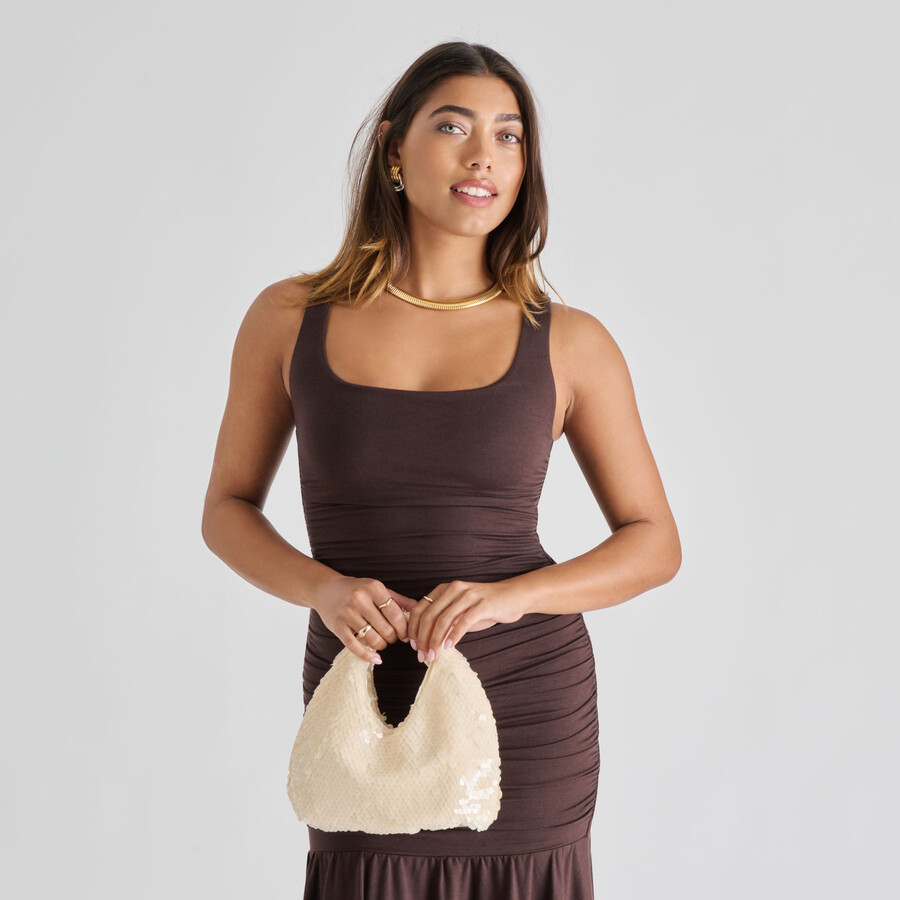 borsa a mano con paillettes dahlia paillettes avorio