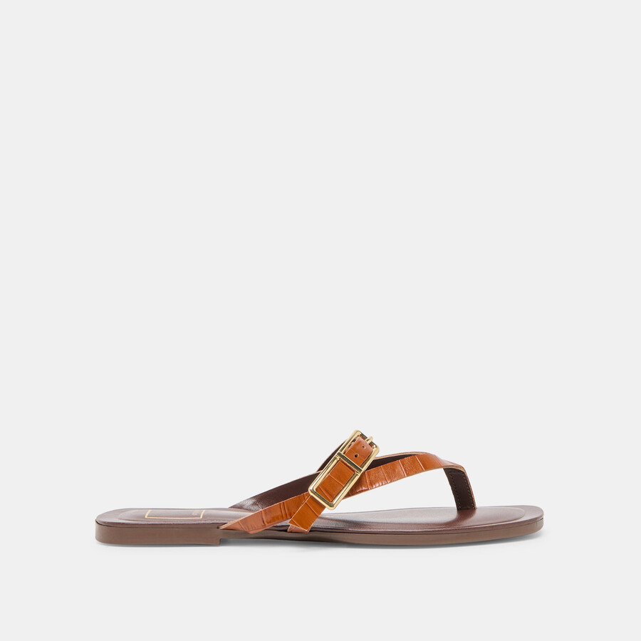 sandali piers in pelle goffrata color cognac e coccodrillo