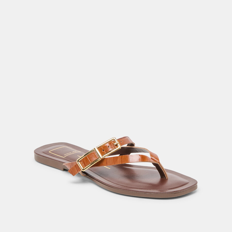 sandali piers in pelle goffrata color cognac e coccodrillo