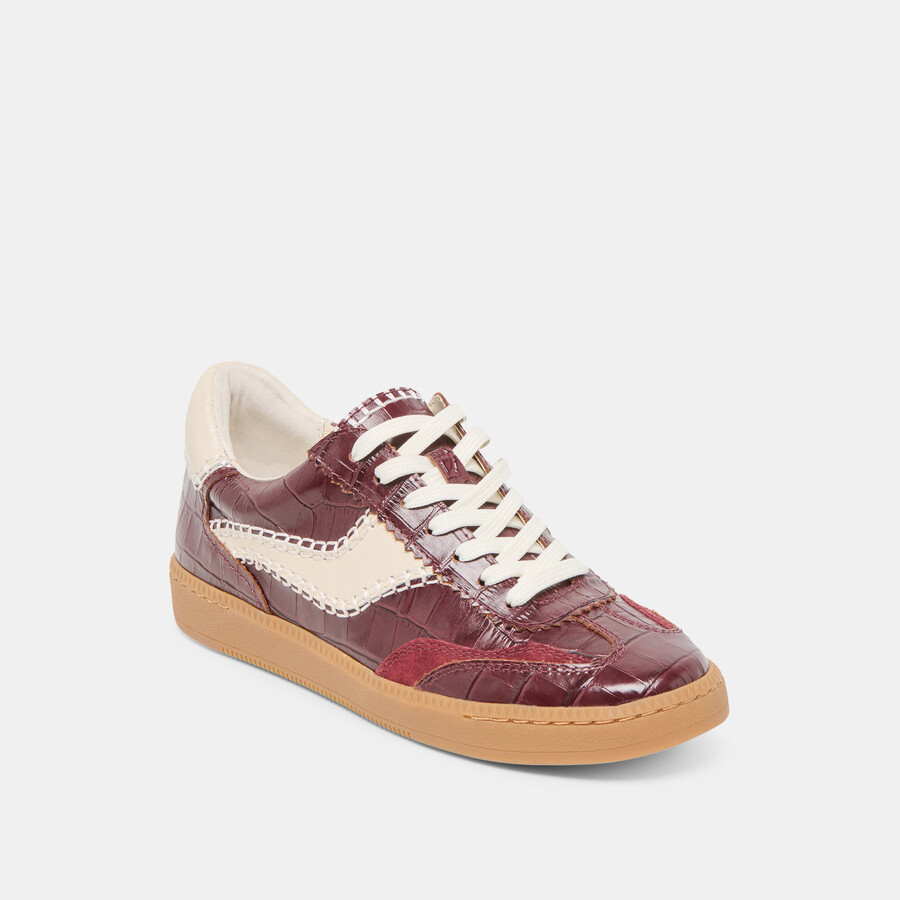 sneakers con cuciture in pelle goffrata color sangue di bue e coccodrillo