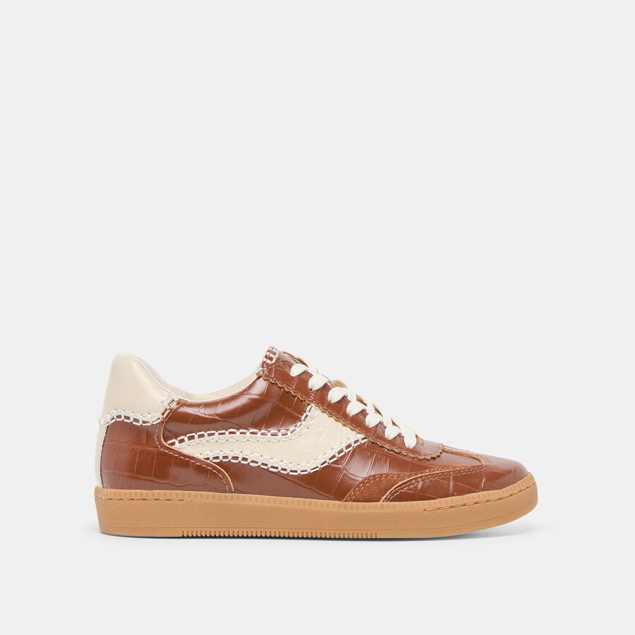 sneakers notice stitch in pelle goffrata color cognac e coccodrillo